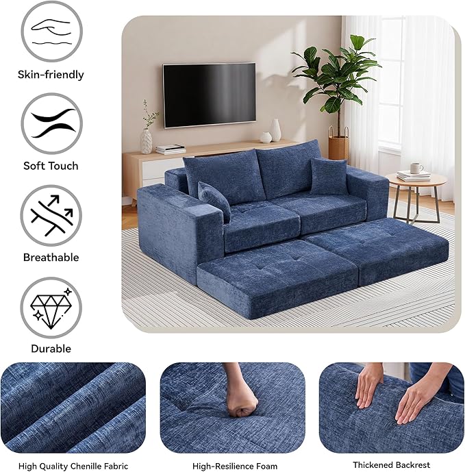 Boneless Sectional Loveseat Couch with Ottoman Convertible Tufted Button Modular Floor Sleeper Sofa Bed Comfy Foldable Compression Love Seat Sofa for Living Room No Assembly Blue