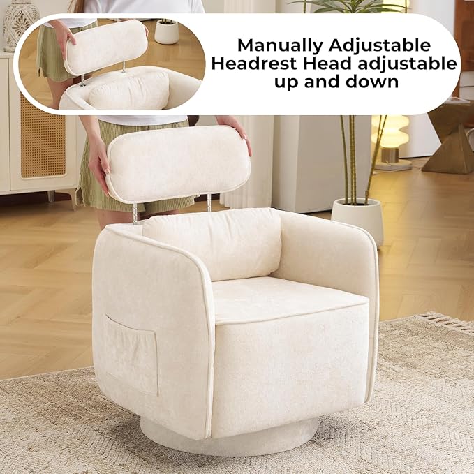 Modern 360°Swivel Accent Chair Set of 2 with Adjustable Headrest Round Swivel Barrel Chairs with Lumbar Pillow Vanity Chair for Makeup Comfy Living Room Armchair for Living Room Bedroom Beige