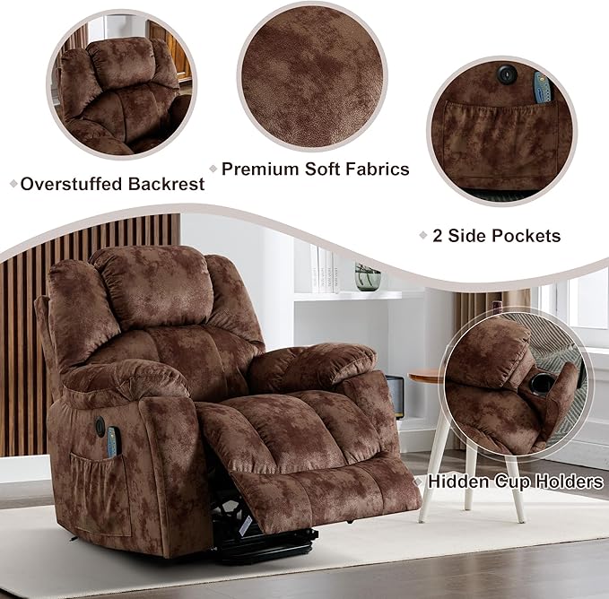 Bonzy Home Power Lift Recliner Chair with Massage and Heating Lift Chairs Recliner for Elderly Upholstered Comfy Power Lift Chair with 2 Hidden Cup Holders Side Pockets USB Port Brown