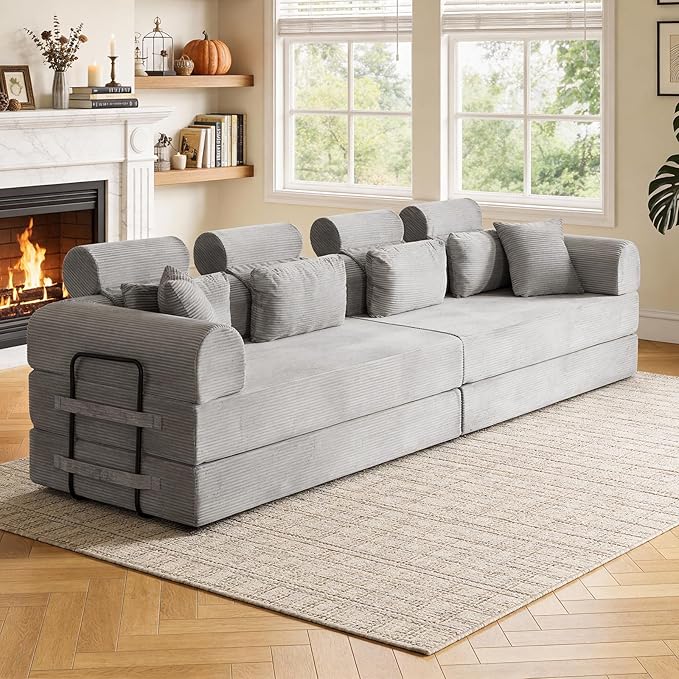 KEIKI 106 4Seat Modular Sectional Corduroy Sofa Couch for Living Room Apartment Living Family Friendly Homeowners Soft Plush Comfortable Cozy Relaxing Lounge Contemporary Design Light Gray