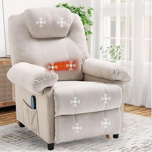 KCREAM Recliner Chair with Massage and Heat Mid Century Overstuffed Manual Reclining Chair Heated Massaging Recliner Chair for Small Places White
