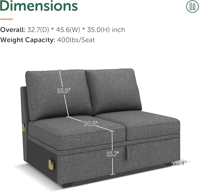 HONBAY Storage Loveseat for Modular Sleeper Sofa with Pull Out Bed Double Seat with Storage for Couch Bed Dark Grey
