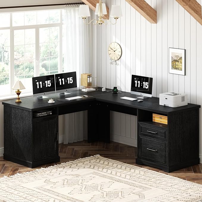 Unikito Farmhouse L Shaped Executive Desk with File Drawers 60 Corner Computer Desk with Power Outlets Large 2 Person Home Office Table with Storage Cabinet Sturdy Writing Desk Black