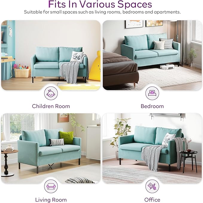 TYBOATLE 51 W Linen Fabric Upholstered Modern Loveseat Sofa Couch for Living Room Love Seats 2-Seater Furniture w/Iron Legs for Compact Space Apartment Bedroom Dorm Office Aqua Blue