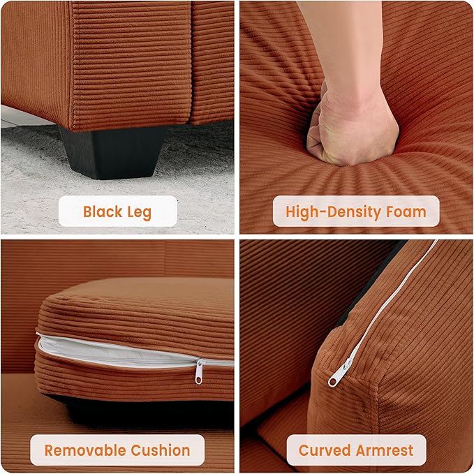 GarveeHome 83 Couches for Living Room Corduroy Loveseat Sofa with Washable Cover and Wide Armrest Small Sofa Couch for Bedroom Office Apartment Easy Assembly Red Orange