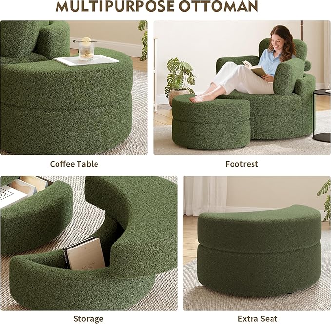MEISSALIVVE Swivel Accent Chair with Half Moon Ottoman Round Chairs with Drawer Storage for Living Room 360° Barrel Chair with USB Charging Port (Teddy Fabric Green)