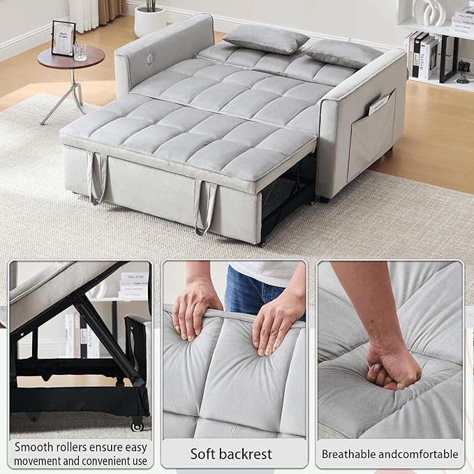 Velvet 3-in-1 Convertible Sofa Bed - USB Charging Port Adjustable Backrest Loveseat Sleeper for Small Space Apartment Versatile Futon Pull Out Couch for Living RoomGray