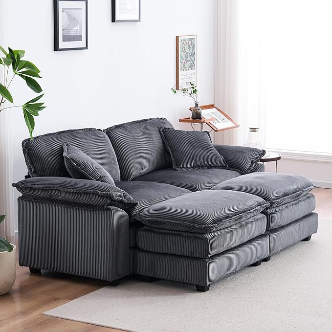 84.6” Corduroy Loveseat with Ottoman Oversized Double Chaise Lounge Chair Indoor Deep Seat Two Seater Couch Cloud Couch Modular Sectional Sofa for Living Room(Corduroy Grey)