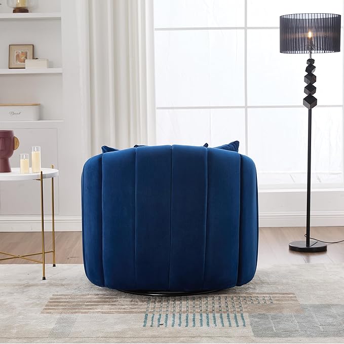 360° Swivel Barrel Chair with Curved Backrest 40 W Velvet Armchair with 3 Soft Pillows Accent Lounge Chair with Channel Tufted Design for Living Room Bedroom Studio Navy