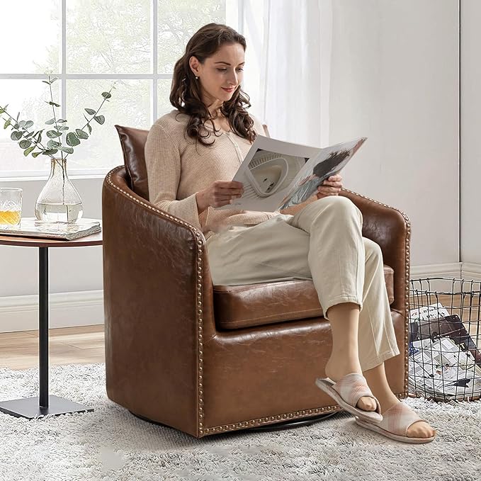 360 Degree Swivel Accent Chair Set of Two with Plump Back Pillow Waterproof Oil Waxed PU Leather Swivel Armchair with Rivets Comfy Vintage Round Barrel Chair for Living Room