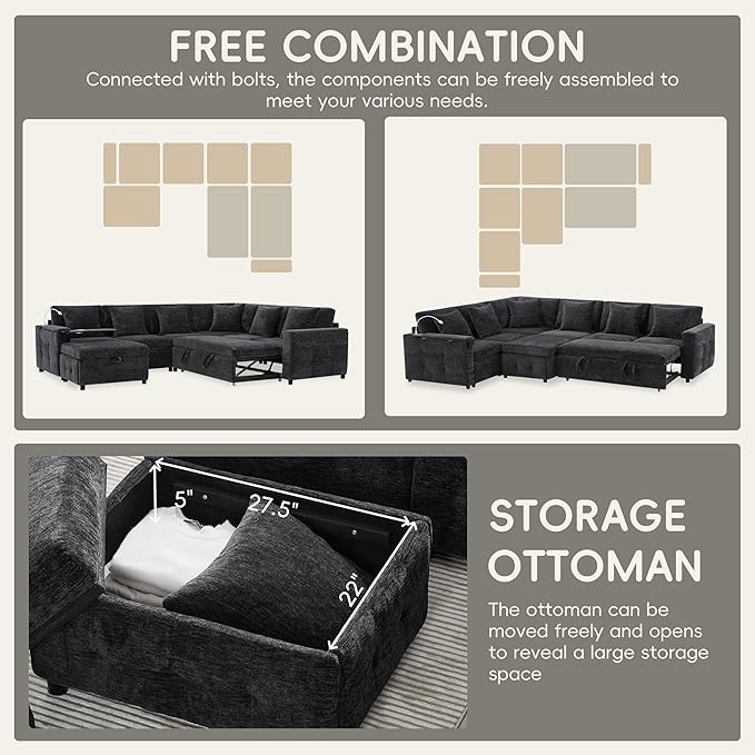 117 * 90'' Modular Sectional Pull-Out Sofa Bed with Flip-up Table Panel Reading Lamp Charging Ports Storage Ottoman 6 Pillows Chenille Oversize &amp Free Combination Couch (Black-10.5)