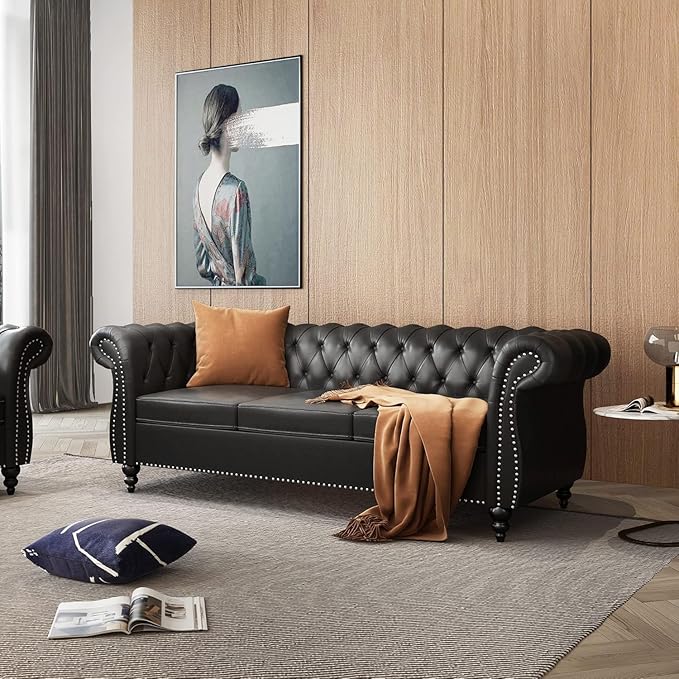 Chesterfield 3 Seater Sofa Modern Leather Tufted Couch 3 Seater with Rolled Arms and Nailhead Mid-Century Upholstered Couch for Living Room Bedroom Apartment and Office Black