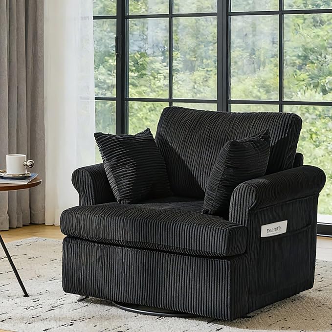 Karl home 39 Swivel Accent ChairOversized Seat Armchair W/2 Pillows and 4 PocketsModern Upholstered Corduroy Barrel ChairsComfy Single Sofa for Living RoomReadingBedroom and Office -Black