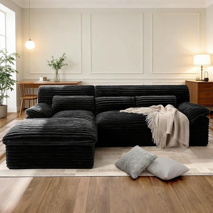 Modular Sectional SofaBoneless Couch for Living Room3 Seat L-Shaped Cloud Sectional Couch with Double-Layer Thickened Deep SeatComfy Corduroy Fabric Sofa Bed72h ReboundBlack