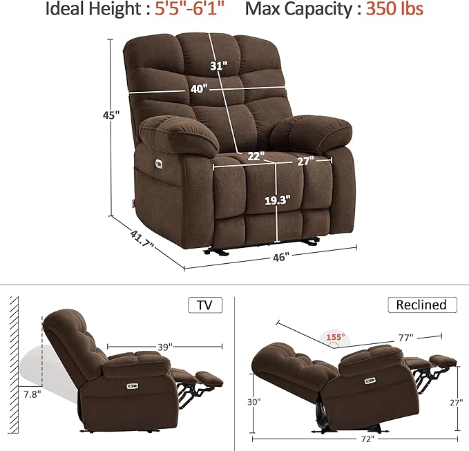 MCombo 27'' Oversized Recliner Power Recliner Chair for Big and Tall Zero Gravity Recliner with USB Charge Ports Side Pockets for Living Room Fabric PR677 (Coffee)