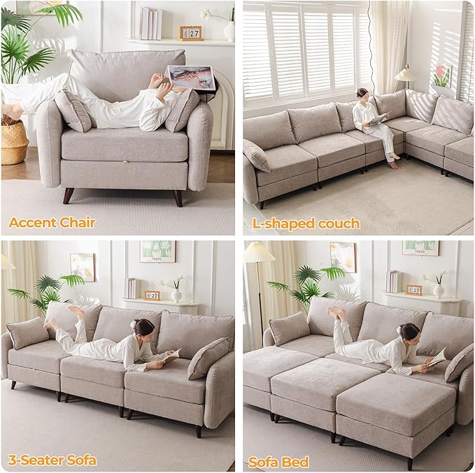 104'' Modular Sectional Sofa with All Seats Storage Oversized L Shaped Couch for Living Room3-Seater Comfy Cloud Couches with Movable OttomanBig Sectional for BedroomVeletKhaki