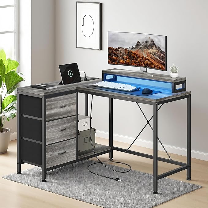 Garvee L Shaped Computer Desk with Power Outlets LED Lights Drawers Shelves Corner Gaming Desk Home Office Workstation Modern Ergonomic Design Oak
