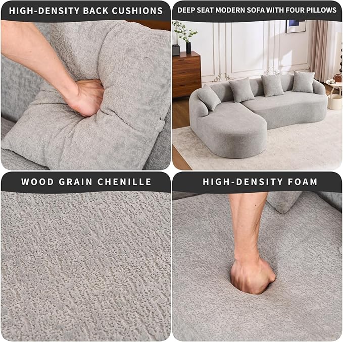 KEIKI L-Shaped Chenille Modular Sectional Couches with Chaise Lounge &amp 4 Pillows 3 Seater Oversized Upholstered Luxury Plush Cloud Sofa for Living Room Apartment Full Sponge Compression