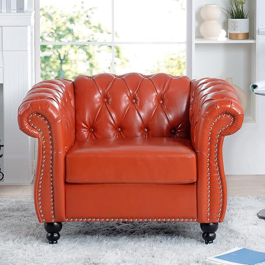 KEIKI 39 PU Leather Chesterfield Sofa with Rolled Arms &amp High Resilience Cushion Modern Style Upholstered 1-Seater Button Tufted Couch with Birch Legs Easy Assembly for Living Room Orange