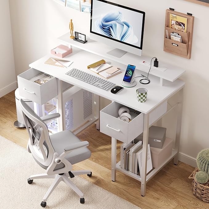 White Computer Desk with Drawers 42 Inch Home Office Desk Study Writing Table Gaming Desk with USB Power Outlets Office Desk with Fabric Drawer Work Table with Shelf for Bedroom White