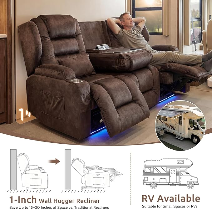 SAMERY Loveseat Recliner Sofa Power Reclining Loveseat Sofa Wall Hugger Recliners RV Couch with Flip-Backrest Solid Wood Top Ambient LED Lights USB-C Outlets Velvet Chestnut | Extra Wide Seat