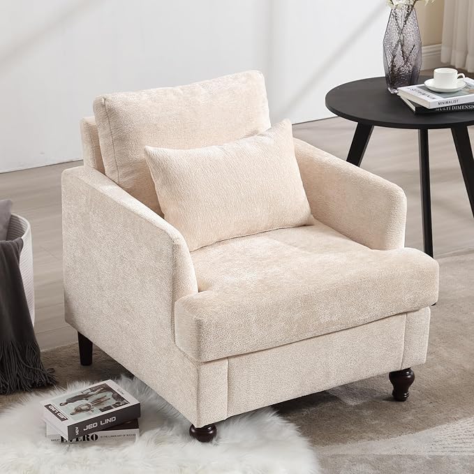 Modern Accent Chair Living Room Upholstered Chenille Armchair with Waist Pillow Single Sofa for Living Room Bedroom Office Beige