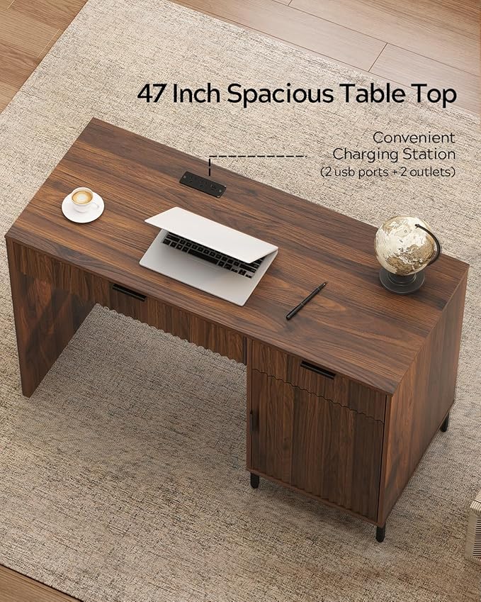 47 Office Desk with Fluted Drawers Wooden Home Exectuive Desk with Storage Cabinet Charging Station Metal Legs Modern Farmhouse Computer Desk for Work Study Brown
