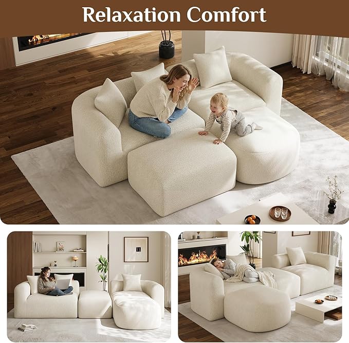 120 Curved Sectional Sofa Cream Cloud Couch Boneless Modular Sectional Couch for Living Room Oversized L Shaped Curved Couches Comfy Modern Sofa Plush Chenille with Ottoman Cream White