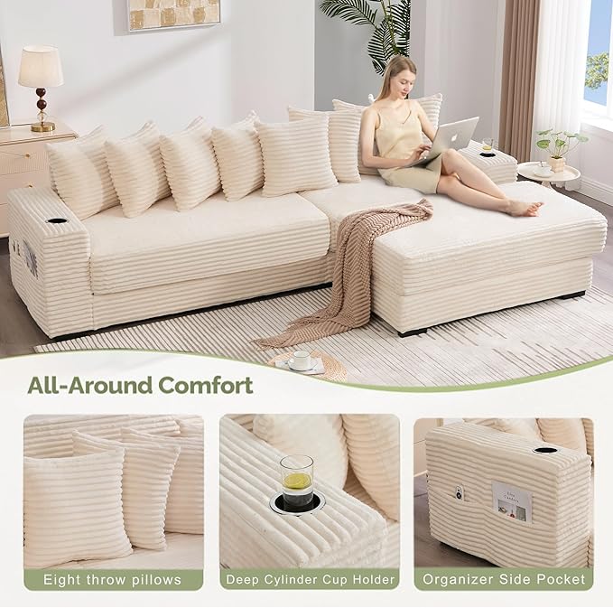 Oversized L-Shaped Modular Sectional Sofa Couch with 8 Pillows Convertible Corduroy Sleeper Sofa Bed with Cupholders &amp Storage Pockets Cloud Couch with Movable Ottoman for Living Room Beige
