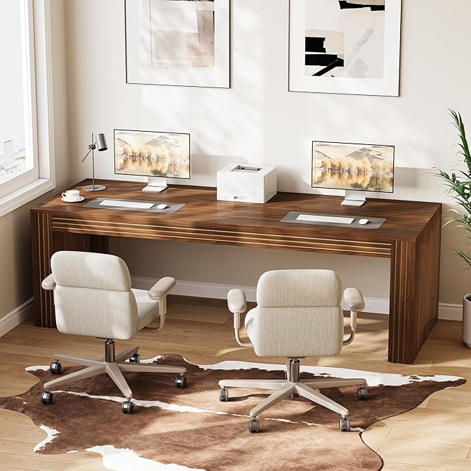 LITTLE TREE 78.7-Inch Two Person Desk Double Monitor Office Desk for 2 Person Large Executive Wood Desks Conference Table Home Office Dark Brown