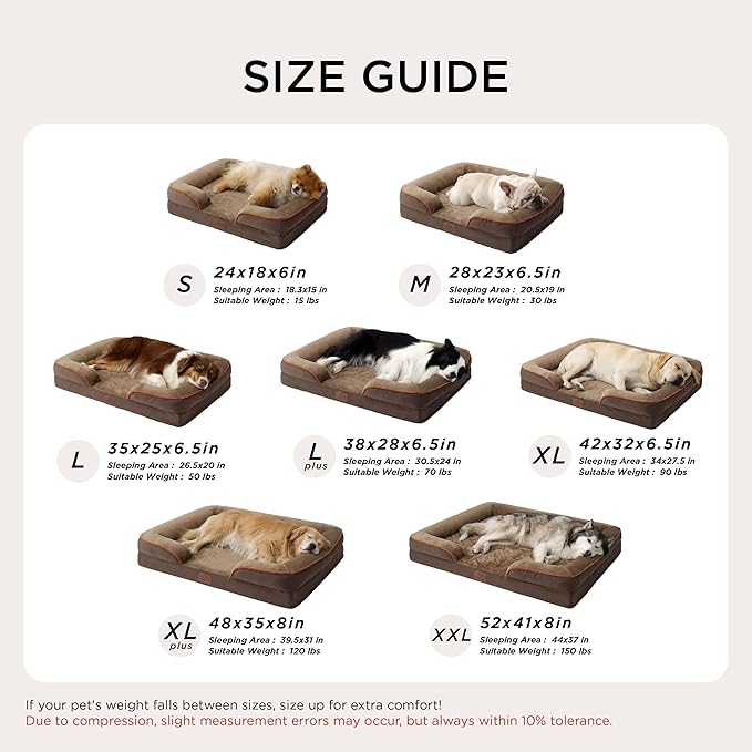 Bedsure L Plus Orthopedic Dog Bed for Large Dogs - Washable Dog Cat Bed Waterproof L Plus Big Comfort Dogs Couch Sofa with Washable Removable Cover Pet Bed with Nonskid Bottom Brown 38