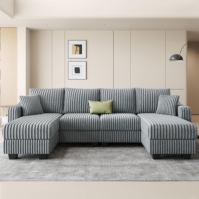 Belffin U Shaped Couch with Reversible Chaises Sectional Couches for Living Room Sectional Couch with Ottomans Corduroy (Light Grey U Shaped)