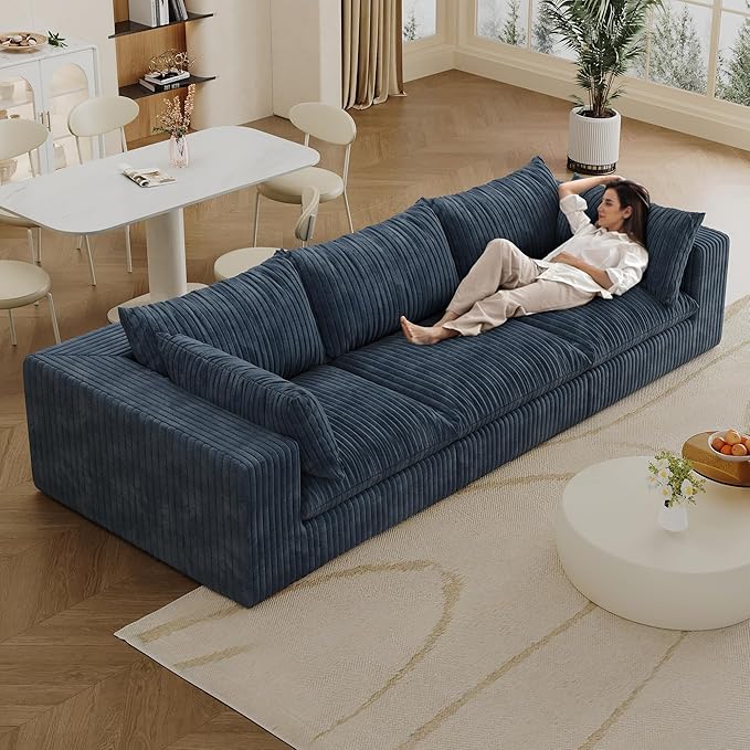 118.2 Oversized 3-Seater Modular Sectional Sofa Modern Comfy Plush Corduroy Upholstered Boneless Couch No Assembly Required Fluffy Deep Seat Cloud Couch for Living Room (Blue 3 Seater)
