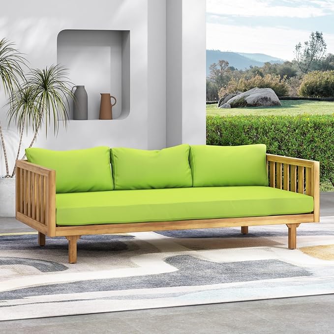 Merax Solid Acacia Wood Couch Chaise Lounge Chair Indoor 3 Seater Daybed Sofa Couches with Cushions &amp Pillow Heavy Frame Day Bed for Living Room Office Outdoor Balcony Patio Water Resistant