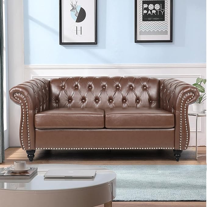 LEVNARY Leather Sofa Chesterfield Tufted Upholstered 2 Seater Couch Modern Loveseat Couch Classic Furniture for Living Room Bedroom (Dark Brown)