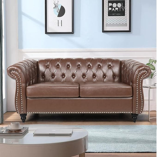 LEVNARY Leather Sofa Chesterfield Tufted Upholstered 2 Seater Couch Modern Loveseat Couch Classic Furniture for Living Room Bedroom (Dark Brown)