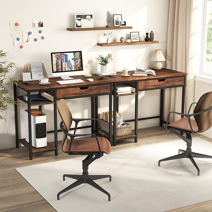 Giantex Computer Desk with Drawers and Power Outlets Industrial Gaming Desk Computer Workstation with Adjustable Storage Shelf Headphone Hooks Study Writing Work Desk for Home Office