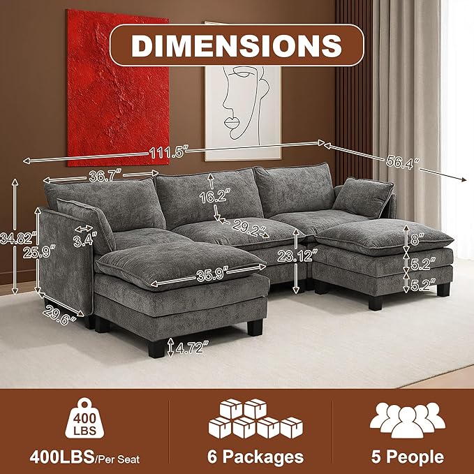 111” Modular Sectional Sofa L Shaped Cloud Couch with Ottoman Chenille Deep Seat Sofa with Pillow for Living Room Bedroom and Apartment5 Seats Light Grey