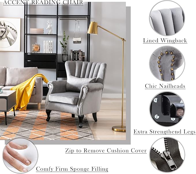 Mid Century Modern Accent Chair Upholstered Armchair Comfy Velvet Fabric Single Sofa with Lined Wingback for Small Spaces Bedroom Living Room Velvet Grey30.1D x 30.5W x 35H in