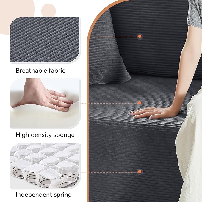 83 Sofa in a Box 3 Seater Couch No Assembly Boneless Sofa Bed with Cushion Back 2 Pillows Deep Seat Corduroy Fabric Side Storage Pockets for Living Room Bedroom Apartment Office Deep Grey