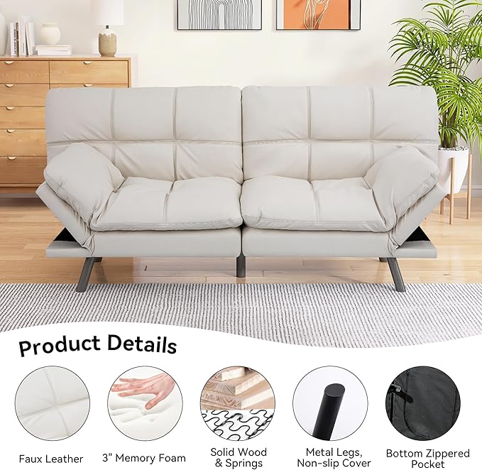 Convertible Faux Leather Futon Sofa BedMemory Foam Futon CouchSmall Splitback Modern Folding Loveseat Sleeper Sofa Couches for Living RoomOfficeApartmentWhite