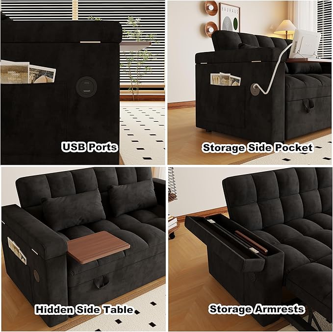 3-in-1 Convertible Sofa Bed with Adjustable Backrest &amp Storage Armrests 65 Pull-Out Sleeper Sofa Bed with USB Port &amp Side Table Modern Velvet Loveseat Couch with 2 Pillows Side PocketBlack