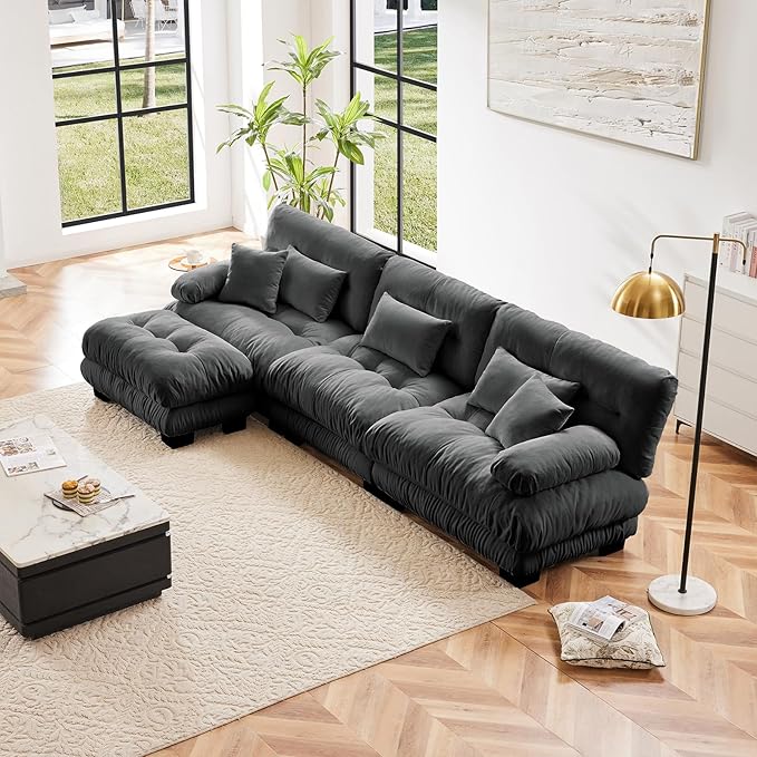 Grey Ottoman for Modular Sectional Sofa Single Sofa Ottoman Seat for Convertible Sectional Chenille Sofa Couch for Living Room Bedroom Apartment