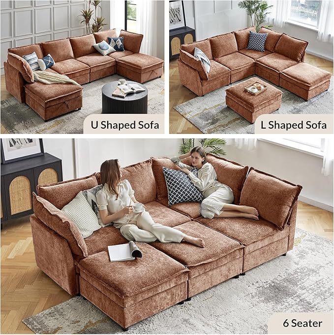 HULALA HOME Modern Middle Module for Sectional Sofa Couch Armless Loveseat Sofa 2 Seat Included Burnt Orange