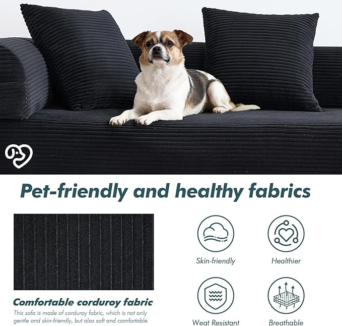 10-in-1 Folding Convertible Sofa Bed 141 Inch Boneless Couch with Fixed-Shape Frame Corduroy Modular Sectional Sofa Mattress Sleeper Sofa Floor Sofa Futon Couch for Living Room (Black)