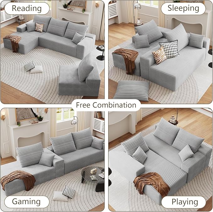135.4 Cloud Sectional Couch with L-Shape Chaise Modern Modular 4-Seater Sofa with Deep Seat Corduroy Upholstered Couches for Living Room Bedroom No Assembly Required(Grey Left Facing)