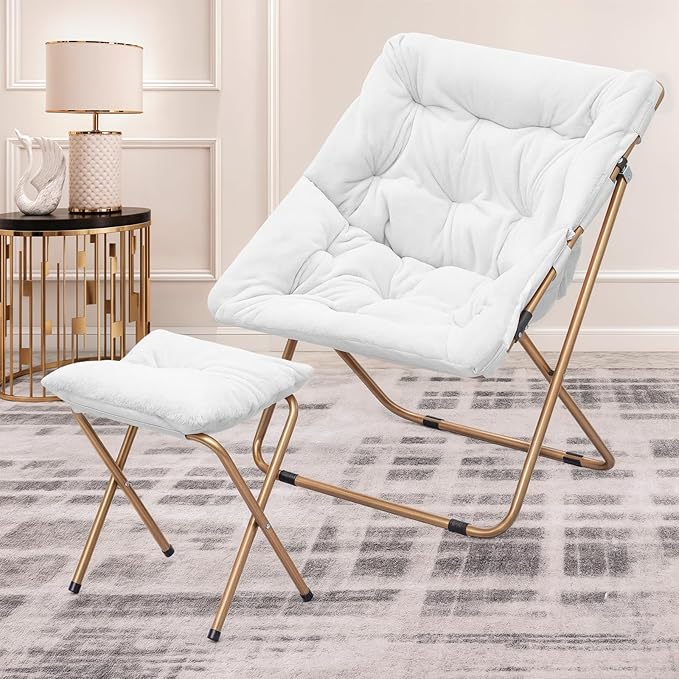 MoNiBloom Square Folding Faux Fur Saucer Chair for Bedroom Living Room Dorm Foldable Metal Frame Oversized Large Comfy Furry Padded Soft Cozy Moon Chair with Footrest Ottoman for Adults (White 2 Set)