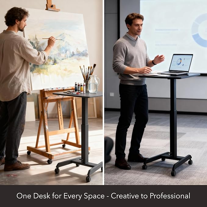 Mount-It! Rolling Laptop Desk Adjustable Height (29.6”-44.2”) Mobile Workstation Cart with 23.6” x 20.5” Desktop Small Sit-Stand Desk for Home Office or Classroom in Black