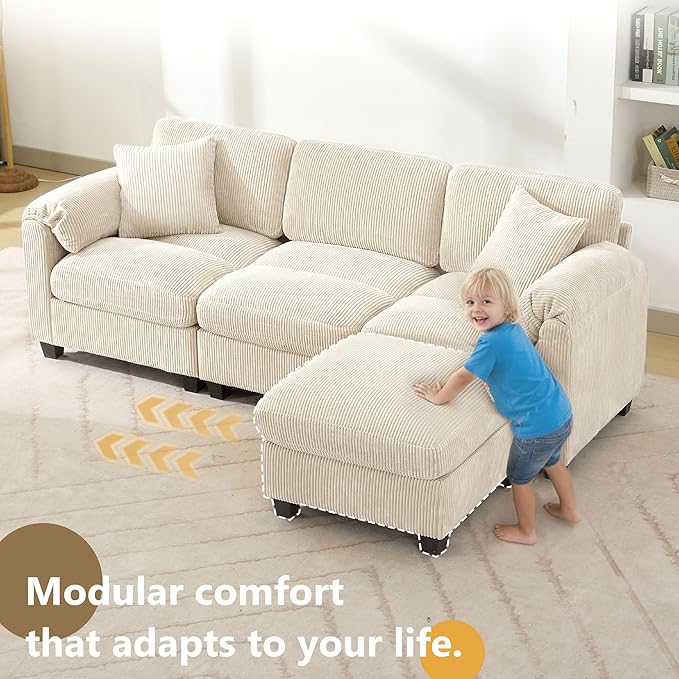 Modular Sectional Sofa with Ottoman3-Seater Corduroy Cloud Sofa Couch with 2 Pillows88.2'' L-Shaped Deep Seat Sofa with Thick CushionModular Couches for Living RoomBeige3 Seater &amp Ottoman