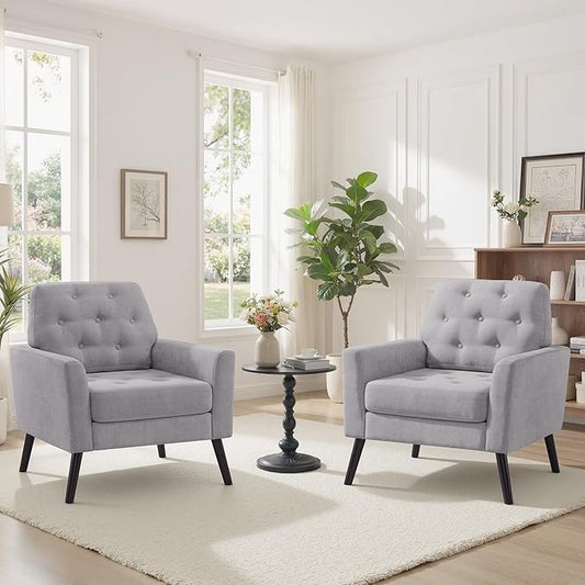 Accent Chair Set of 2 Mid Century Modern Living Room Chairs Upholstered Armchair with Tufted Back &amp Wood Legs Single Sofa Reading Side Chair for Bedroom Office Waiting Room Light Grey